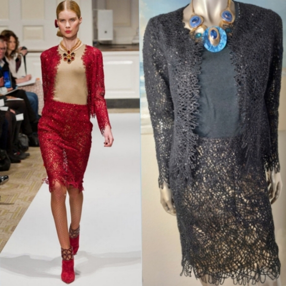 $4800 NEW OSCAR DE LA RENTA BLACK SILK WOOL SEQUIN RUNWAY SKIRT SUIT US M L